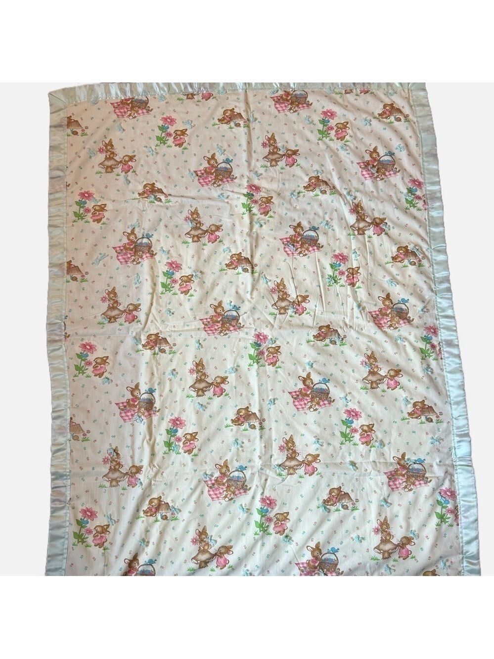 Vintage Baby Blanket Quilt Bunnies Flowers Satin Trim 44x58” Handmade Cotton